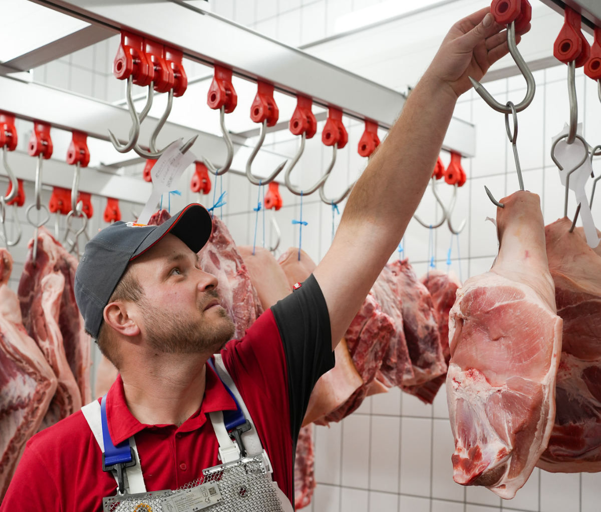 Ein Mitarbeiter hängt ein Stück Fleisch auf.